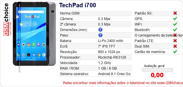 TechPad i700 Especificações técnicas do telemóvel 