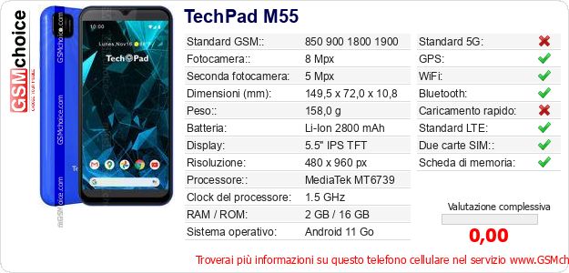 TechPad M55 Dati tecnici di telefono cellulare 