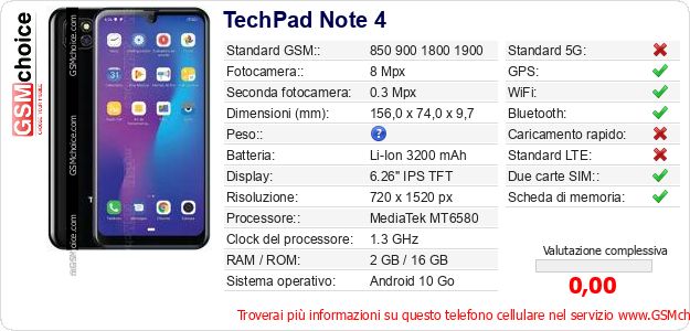TechPad Note 4 Dati tecnici di telefono cellulare TechPad Note 4 Dati tecnici di telefono cellulare