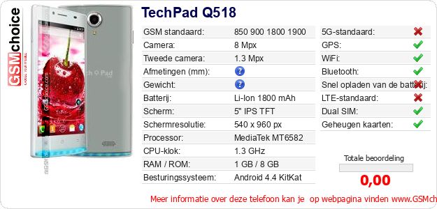 TechPad Q518 Technische gegevens 