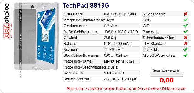TechPad S813G technische Daten TechPad S813G technische Daten
