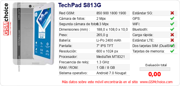 TechPad S813G Datos técnicos del móvil TechPad S813G Datos técnicos del móvil