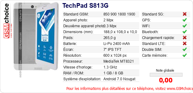 TechPad S813G Fiche technique