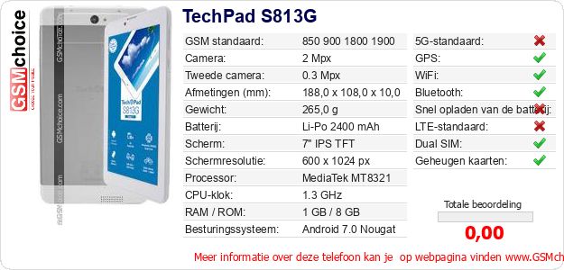 TechPad S813G Technische gegevens TechPad S813G Technische gegevens