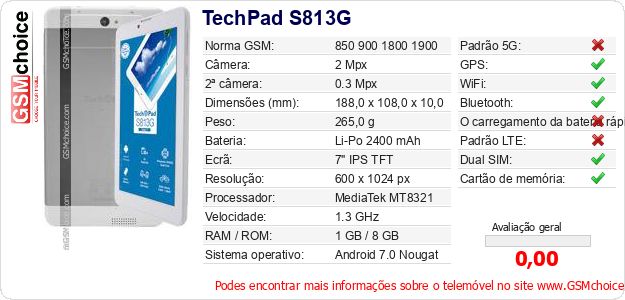 TechPad S813G Especificações técnicas do telemóvel TechPad S813G Especificações técnicas do telemóvel