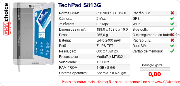 TechPad S813G Especificações técnicas do telemóvel TechPad S813G Especificações técnicas do telemóvel
