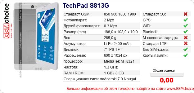 TechPad S813G Технические данные телефона TechPad S813G Технические данные телефона