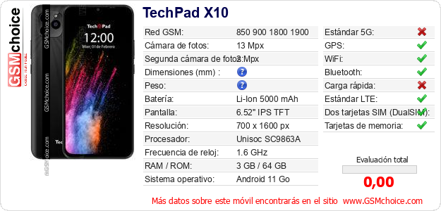 TechPad X10 Datos técnicos del móvil 