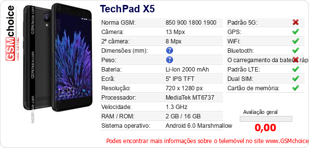 TechPad X5 Especificações técnicas do telemóvel TechPad X5 Especificações técnicas do telemóvel