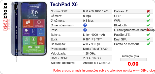 TechPad X6 Especificações técnicas do telemóvel TechPad X6 Especificações técnicas do telemóvel