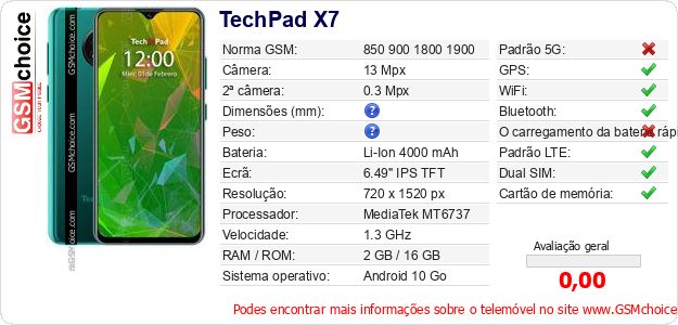 TechPad X7 Especificações técnicas do telemóvel TechPad X7 Especificações técnicas do telemóvel