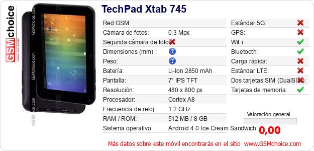 TechPad Xtab 745 Datos técnicos del móvil TechPad Xtab 745 Datos técnicos del móvil