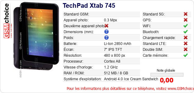 TechPad Xtab 745 Fiche technique TechPad Xtab 745 Fiche technique