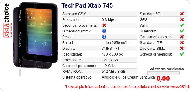 TechPad Xtab 745 Dati tecnici di telefono cellulare TechPad Xtab 745 Dati tecnici di telefono cellulare