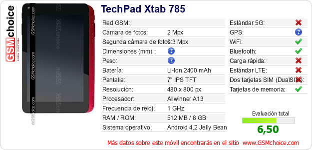TechPad Xtab 785 Datos técnicos del móvil TechPad Xtab 785 Datos técnicos del móvil