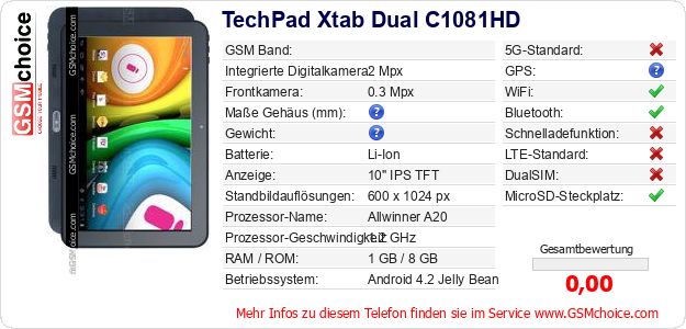 TechPad Xtab Dual C1081HD technische Daten TechPad Xtab Dual C1081HD technische Daten