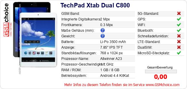 TechPad Xtab Dual C800 technische Daten TechPad Xtab Dual C800 technische Daten