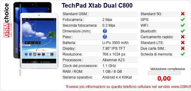TechPad Xtab Dual C800 Dati tecnici di telefono cellulare 