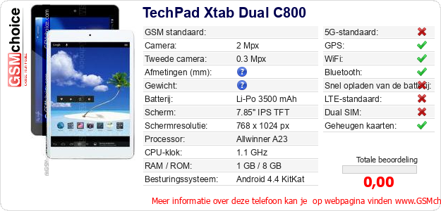 TechPad Xtab Dual C800 Technische gegevens 