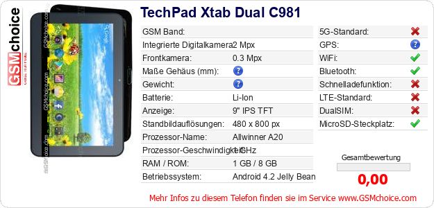 TechPad Xtab Dual C981 technische Daten TechPad Xtab Dual C981 technische Daten