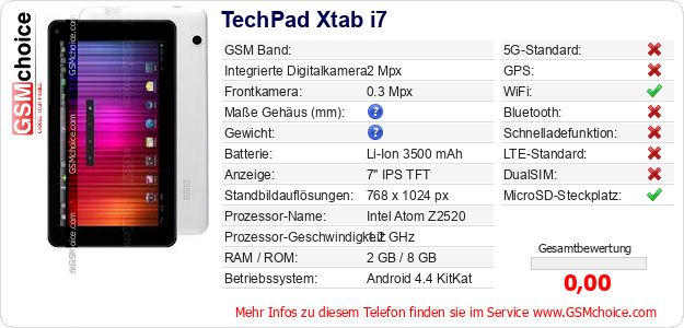 TechPad Xtab i7 technische Daten TechPad Xtab i7 technische Daten