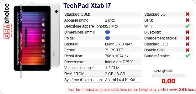 TechPad Xtab i7 Fiche technique TechPad Xtab i7 Fiche technique