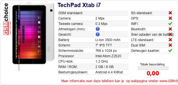 TechPad Xtab i7 Technische gegevens TechPad Xtab i7 Technische gegevens