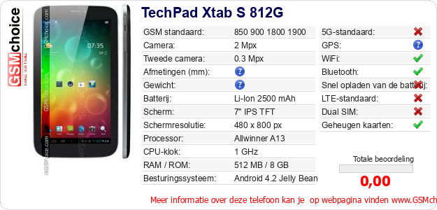 TechPad Xtab S 812G Technische gegevens 