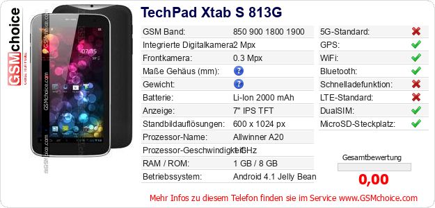TechPad Xtab S 813G technische Daten TechPad Xtab S 813G technische Daten