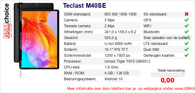 Teclast M40SE Technische gegevens Teclast M40SE Technische gegevens