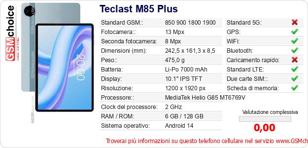 Teclast M85 Plus Dati tecnici di telefono cellulare Teclast M85 Plus Dati tecnici di telefono cellulare