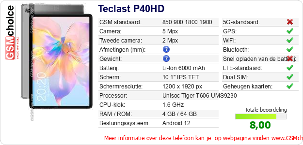 Teclast P40HD Technische gegevens 
