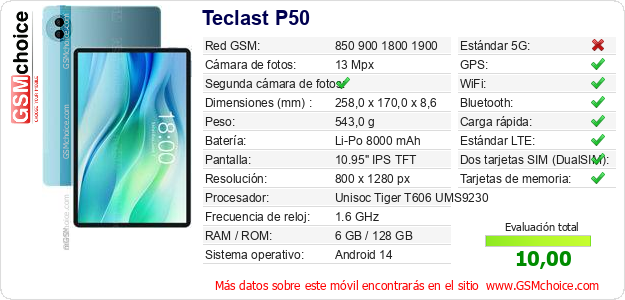 Teclast P50 Datos técnicos del móvil Teclast P50 Datos técnicos del móvil