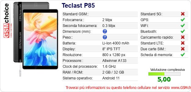 Teclast P85 Dati tecnici di telefono cellulare Teclast P85 Dati tecnici di telefono cellulare