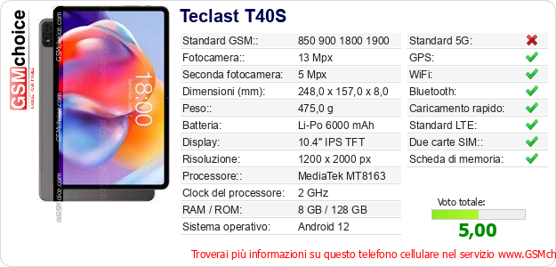 Teclast T40S Dati tecnici di telefono cellulare Teclast T40S Dati tecnici di telefono cellulare