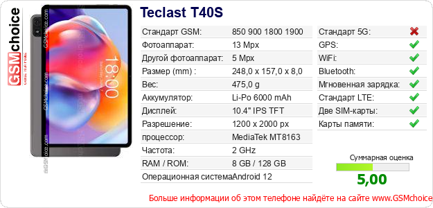 Teclast T40S Технические данные телефона Teclast T40S Технические данные телефона