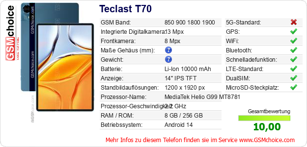 Teclast T70 technische Daten Teclast T70 technische Daten