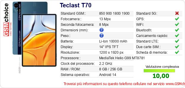 Teclast T70 Dati tecnici di telefono cellulare Teclast T70 Dati tecnici di telefono cellulare