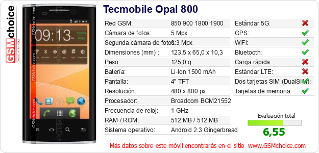 Tecmobile Opal 800 Datos técnicos del móvil Tecmobile Opal 800 Datos técnicos del móvil