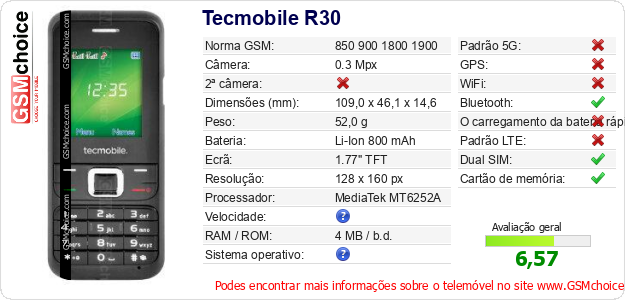 Tecmobile R30 Especificações técnicas do telemóvel Tecmobile R30 Especificações técnicas do telemóvel