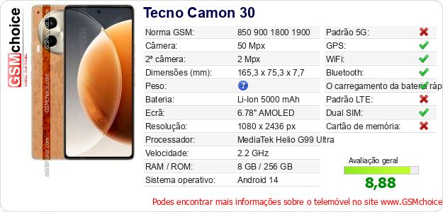 Tecno Camon 30 Especificações técnicas do telemóvel Tecno Camon 30 Especificações técnicas do telemóvel