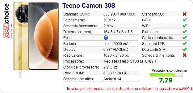 Tecno Camon 30S Dati tecnici di telefono cellulare 