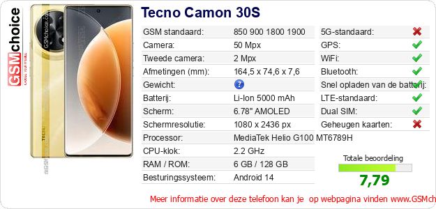 Tecno Camon 30S Technische gegevens Tecno Camon 30S Technische gegevens