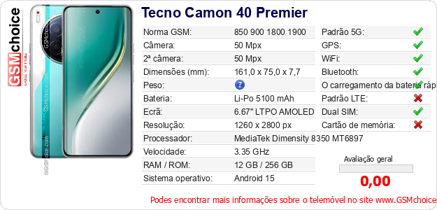 Tecno Camon 40 Premier Especificações técnicas do telemóvel 