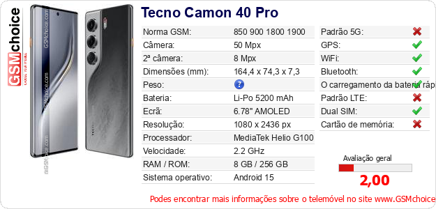 Tecno Camon 40 Pro Especificações técnicas do telemóvel Tecno Camon 40 Pro Especificações técnicas do telemóvel
