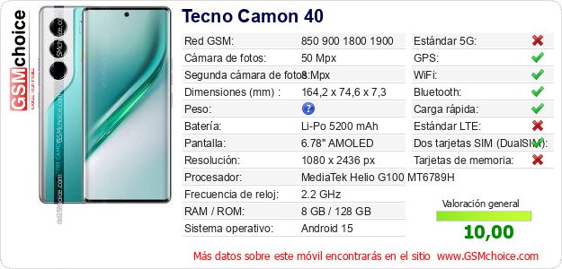 Tecno Camon 40 Datos técnicos del móvil Tecno Camon 40 Datos técnicos del móvil