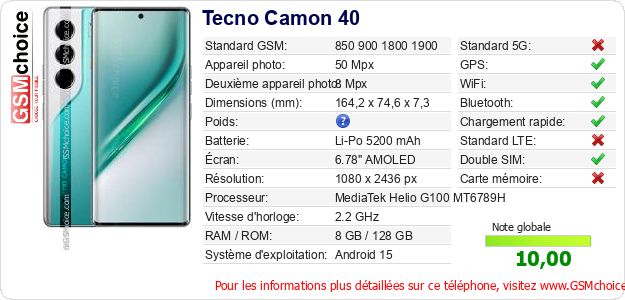 Tecno Camon 40 Fiche technique
