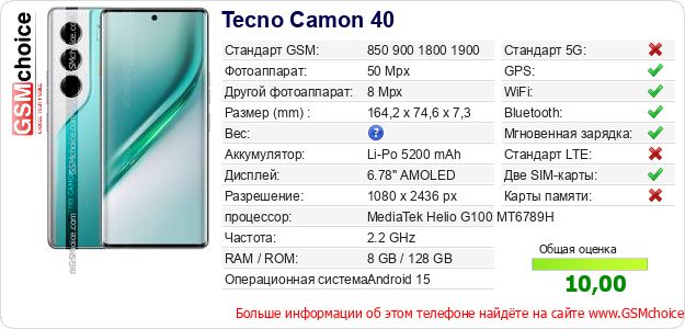 Tecno Camon 40 Технические данные телефона Tecno Camon 40 Технические данные телефона