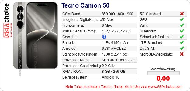 Tecno Camon 50 technische Daten Tecno Camon 50 technische Daten