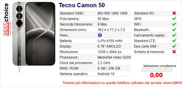 Tecno Camon 50 Dati tecnici di telefono cellulare 